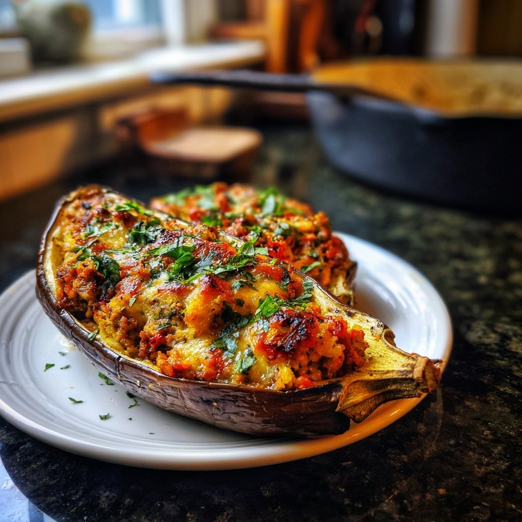 Ground Beef And Rice Stuffed Eggplant