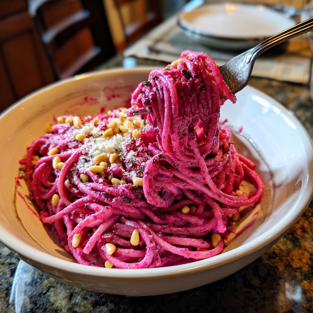 Pasta with Pink Beet Pesto